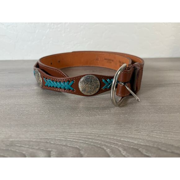 Vintage Western Concho Belt Men 42 Brown Leather Turquoise Laced USA Full Grain - Picture 1 of 6